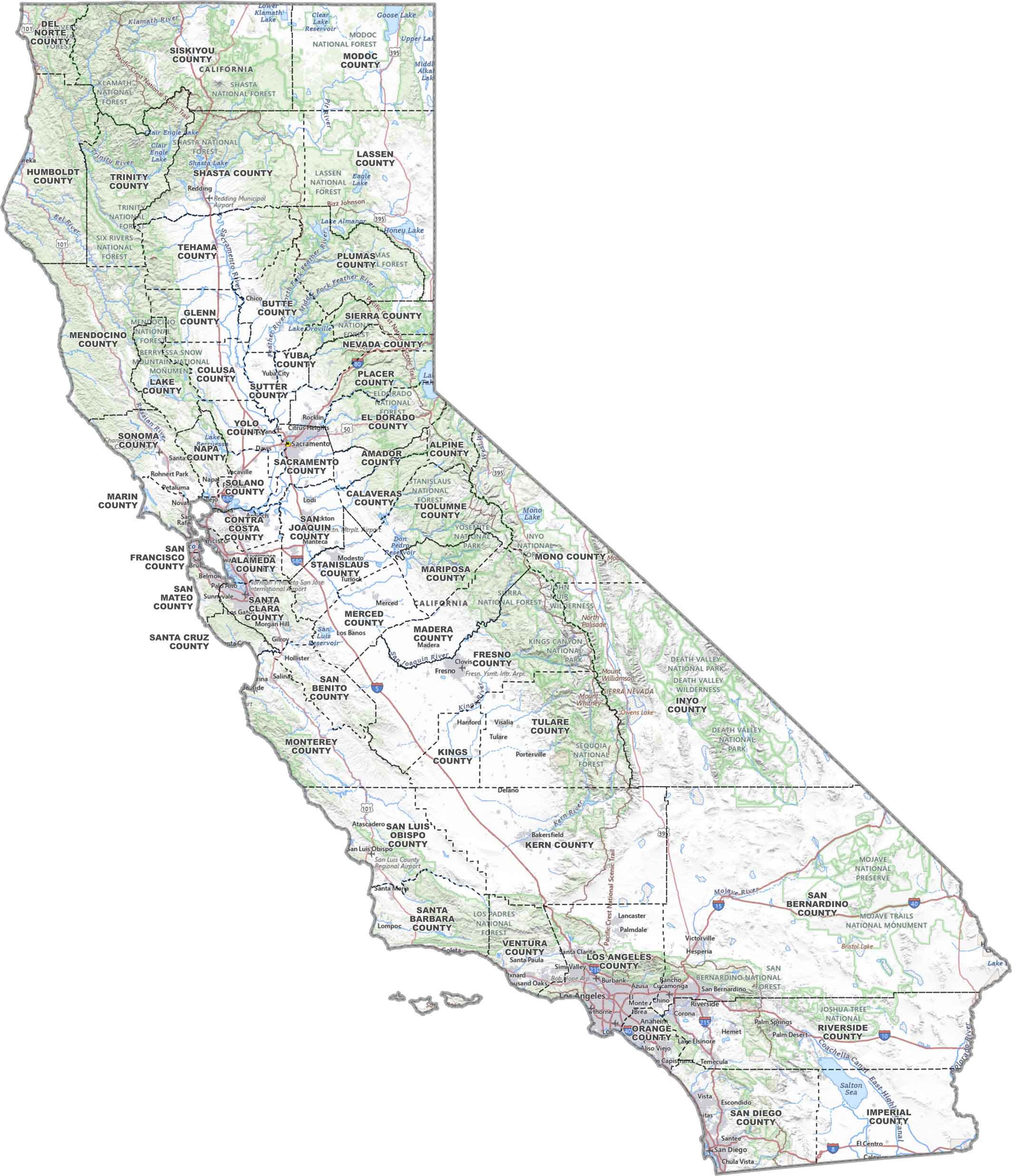 California Topographic County Map