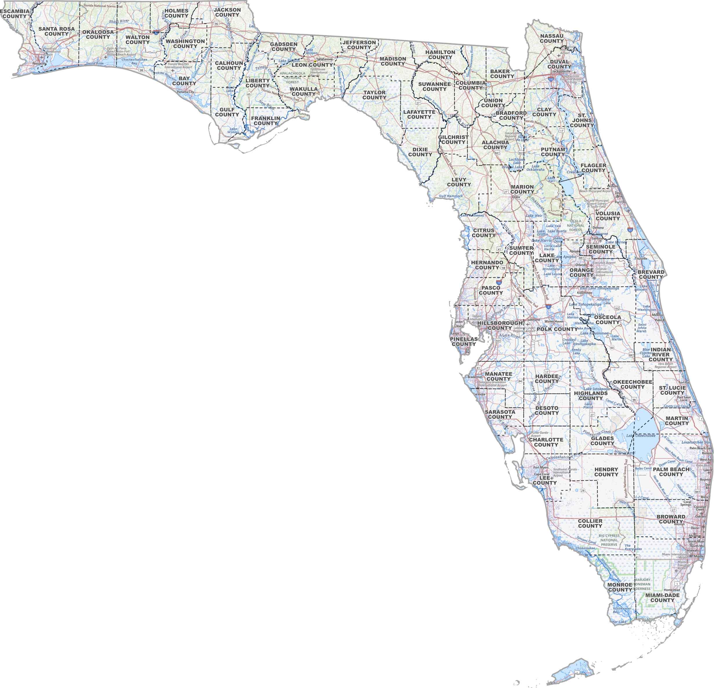 Florida Topographic County Map