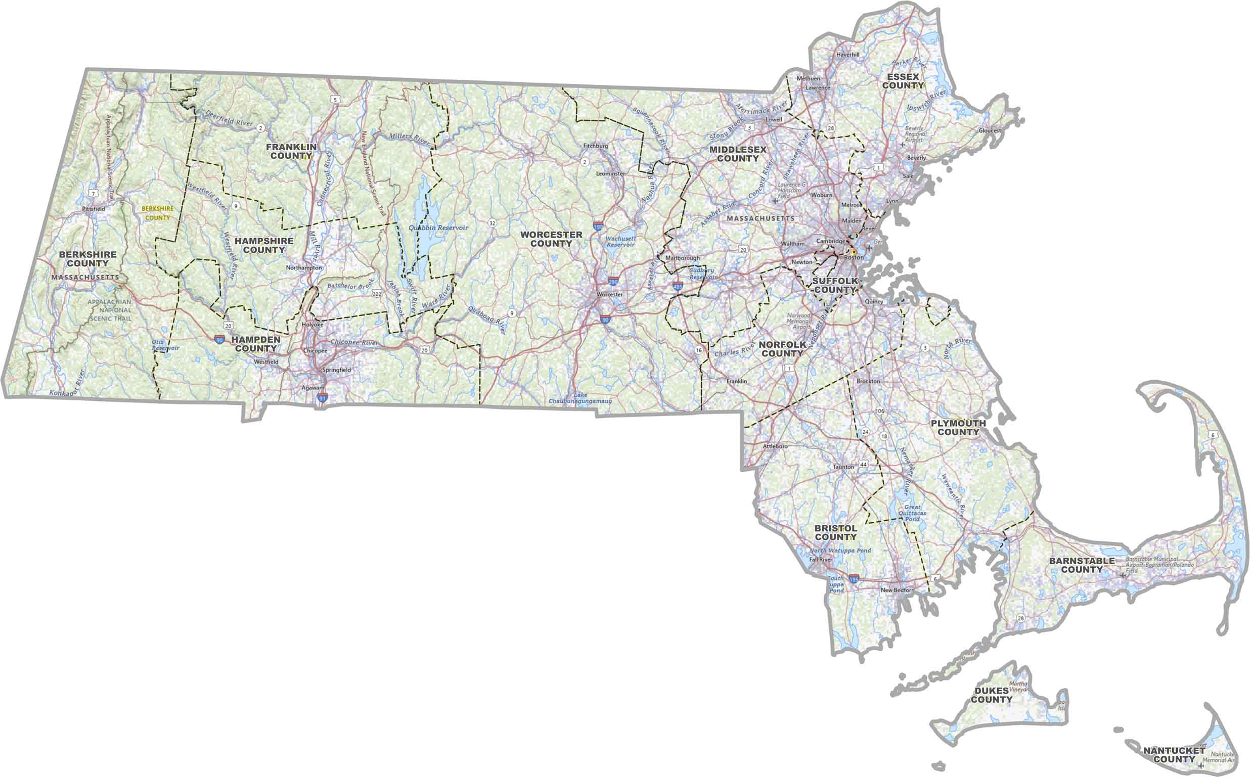 Massachusetts Topographic County Map