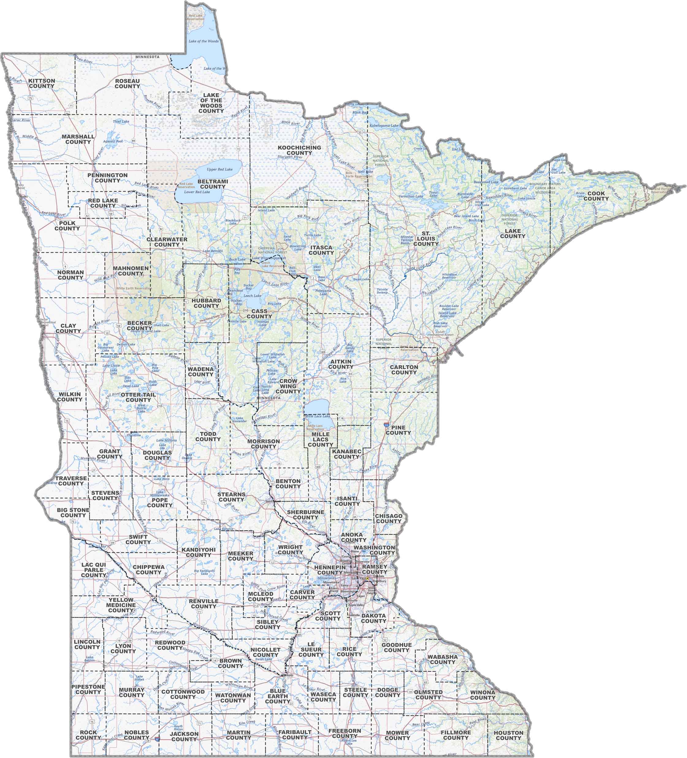 Minnesota Topographic County Map