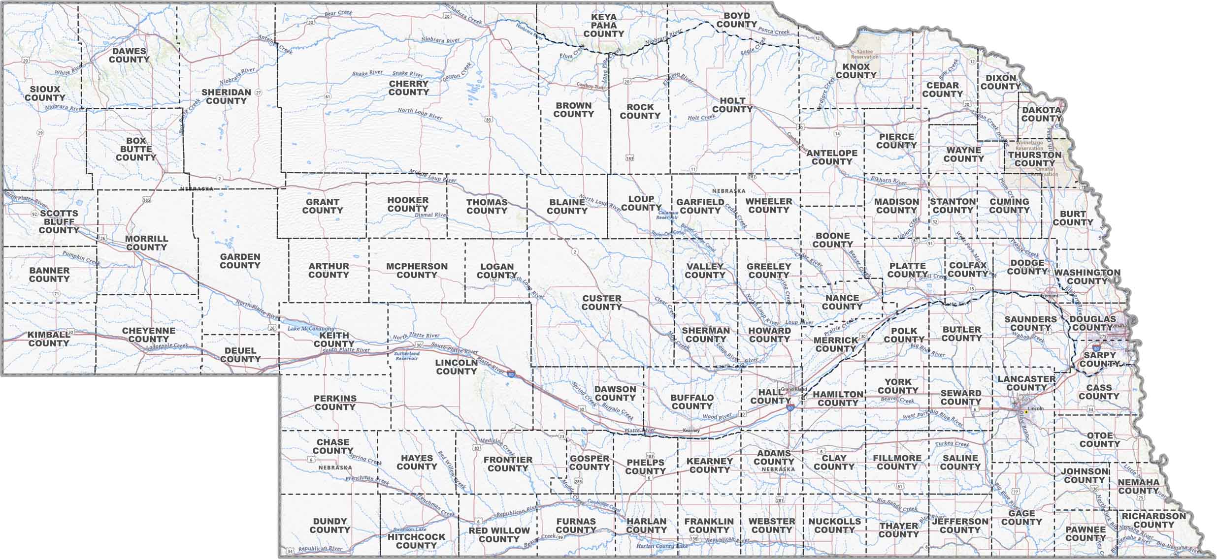 Nebraska Topographic County Map