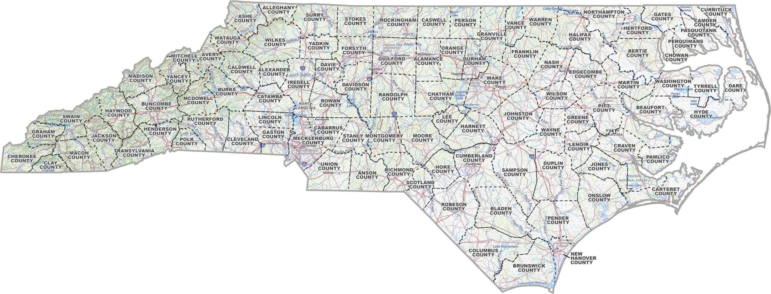 North Carolina Topographic County Map