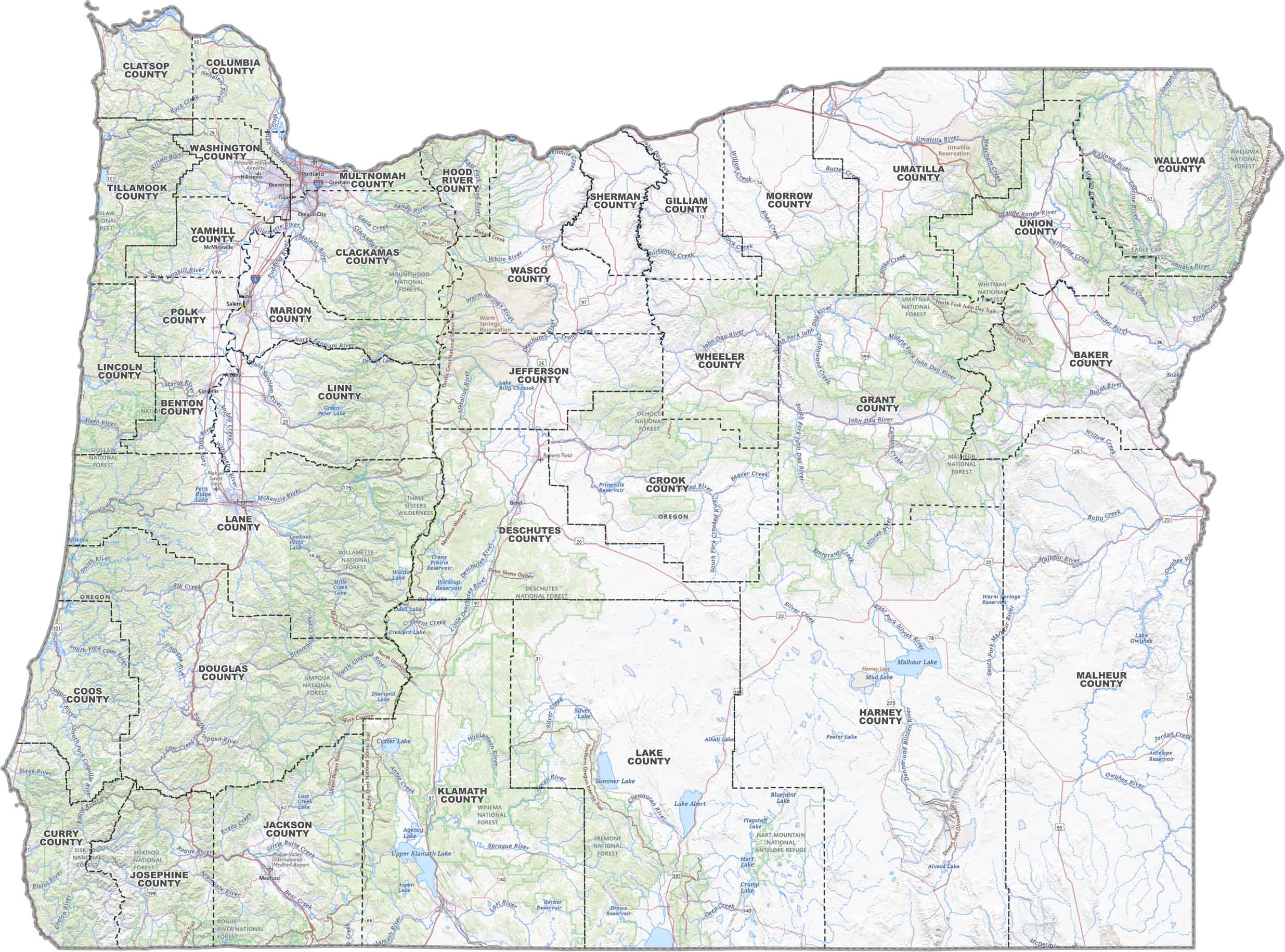 Oregon Topographic County Map